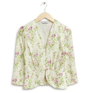 & Other Stories Floral V-Neck Buttoned Peplum Blouse
